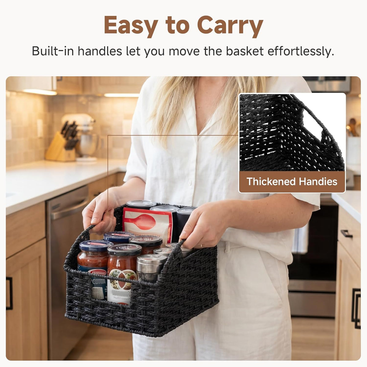 StorageWorks Pantry Baskets for Organizing, Water Hyacinth Baskets for shelves with Built-in Handles, Pantry Organizers and Storage, Set of 2 (Large and Medium)