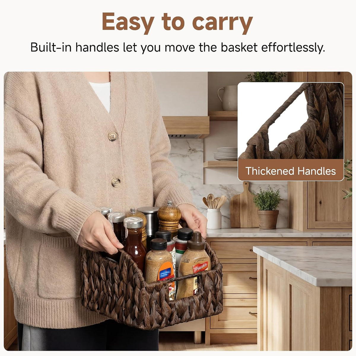 StorageWorks Pantry Baskets for Organizing, Water Hyacinth Baskets for shelves with Built-in Handles, Pantry Organizers and Storage, Set of 2 (Large and Medium)