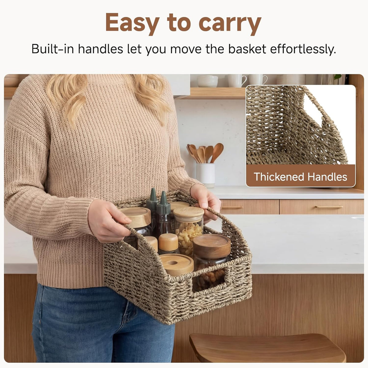 StorageWorks Pantry Baskets for Organizing, Water Hyacinth Baskets for shelves with Built-in Handles, Pantry Organizers and Storage, Set of 2 (Large and Medium)