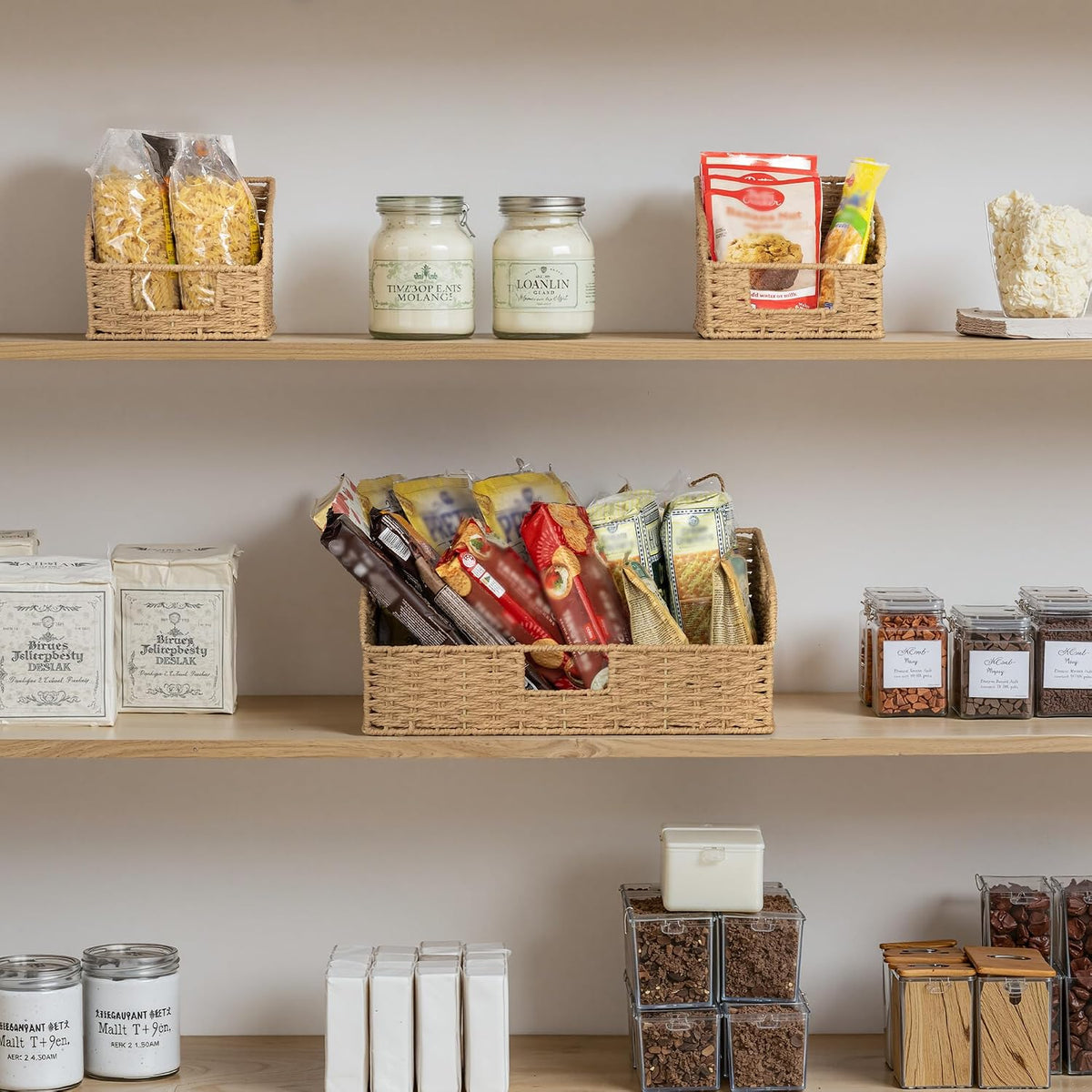 StorageWorks Pantry Baskets for Organizing, Water Hyacinth Baskets for shelves with Built-in Handles, Pantry Organizers and Storage, Set of 2 (Large and Medium)