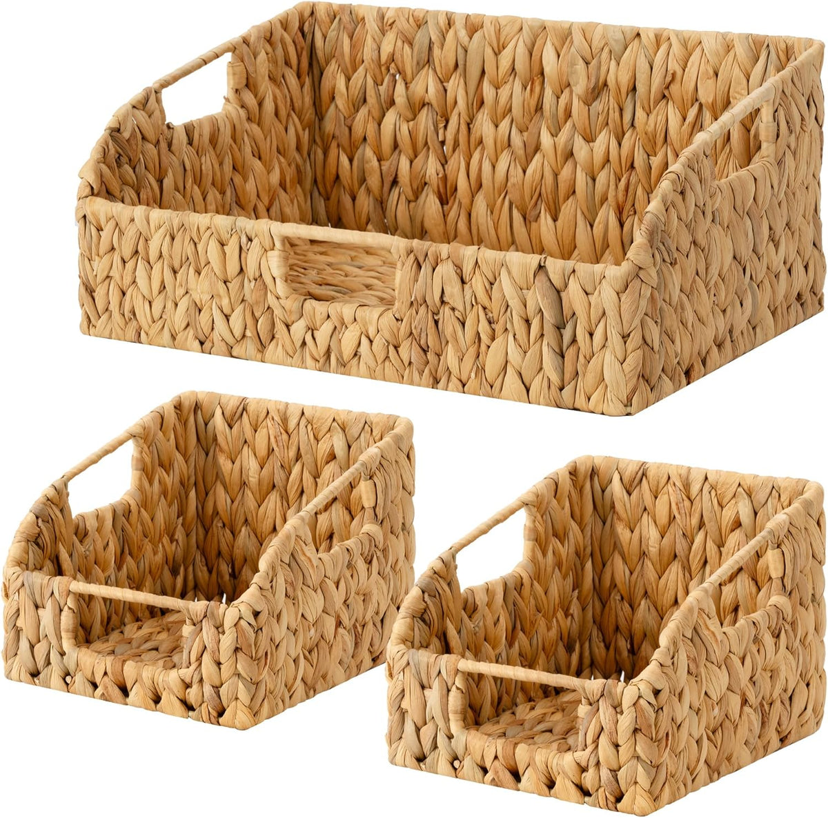 StorageWorks Pantry Baskets for Organizing, Water Hyacinth Baskets for shelves with Built-in Handles, Pantry Organizers and Storage, Set of 2 (Large and Medium)