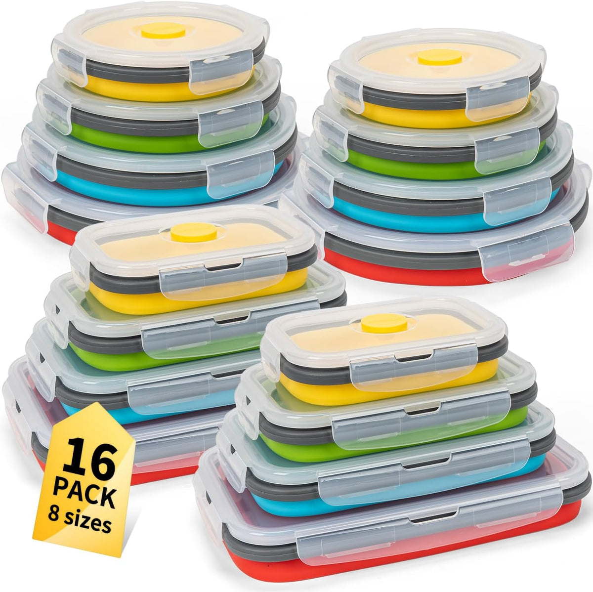 Collapsible Food Storage Containers with Lid & Air Vent, 16 Pack, 8 Rectangular + 8 Round, Foldable Silicone Lunch Containers Collapsible Bowls Set, Microwave Freezer Dishwasher Safe, 4-Color