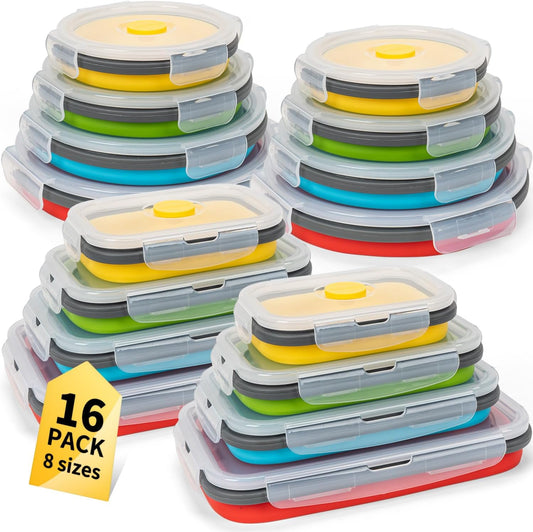 Collapsible Food Storage Containers with Lid & Air Vent, 16 Pack, 8 Rectangular + 8 Round, Foldable Silicone Lunch Containers Collapsible Bowls Set, Microwave Freezer Dishwasher Safe, 4-Color