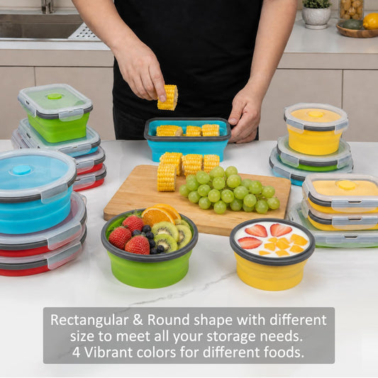 Collapsible Food Storage Containers with Lid & Air Vent, 16 Pack, 8 Rectangular + 8 Round, Foldable Silicone Lunch Containers Collapsible Bowls Set, Microwave Freezer Dishwasher Safe, 4-Color