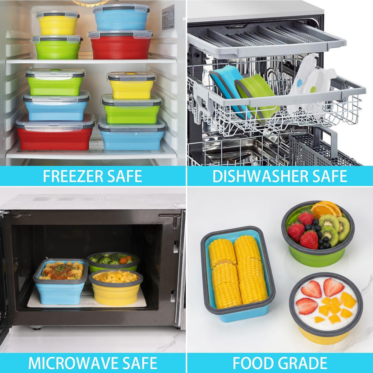 Collapsible Food Storage Containers with Lid & Air Vent, 16 Pack, 8 Rectangular + 8 Round, Foldable Silicone Lunch Containers Collapsible Bowls Set, Microwave Freezer Dishwasher Safe, 4-Color