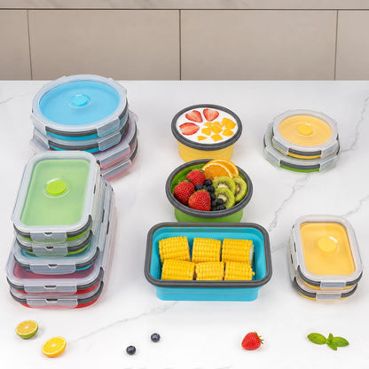 Collapsible Food Storage Containers with Lid & Air Vent, 16 Pack, 8 Rectangular + 8 Round, Foldable Silicone Lunch Containers Collapsible Bowls Set, Microwave Freezer Dishwasher Safe, 4-Color