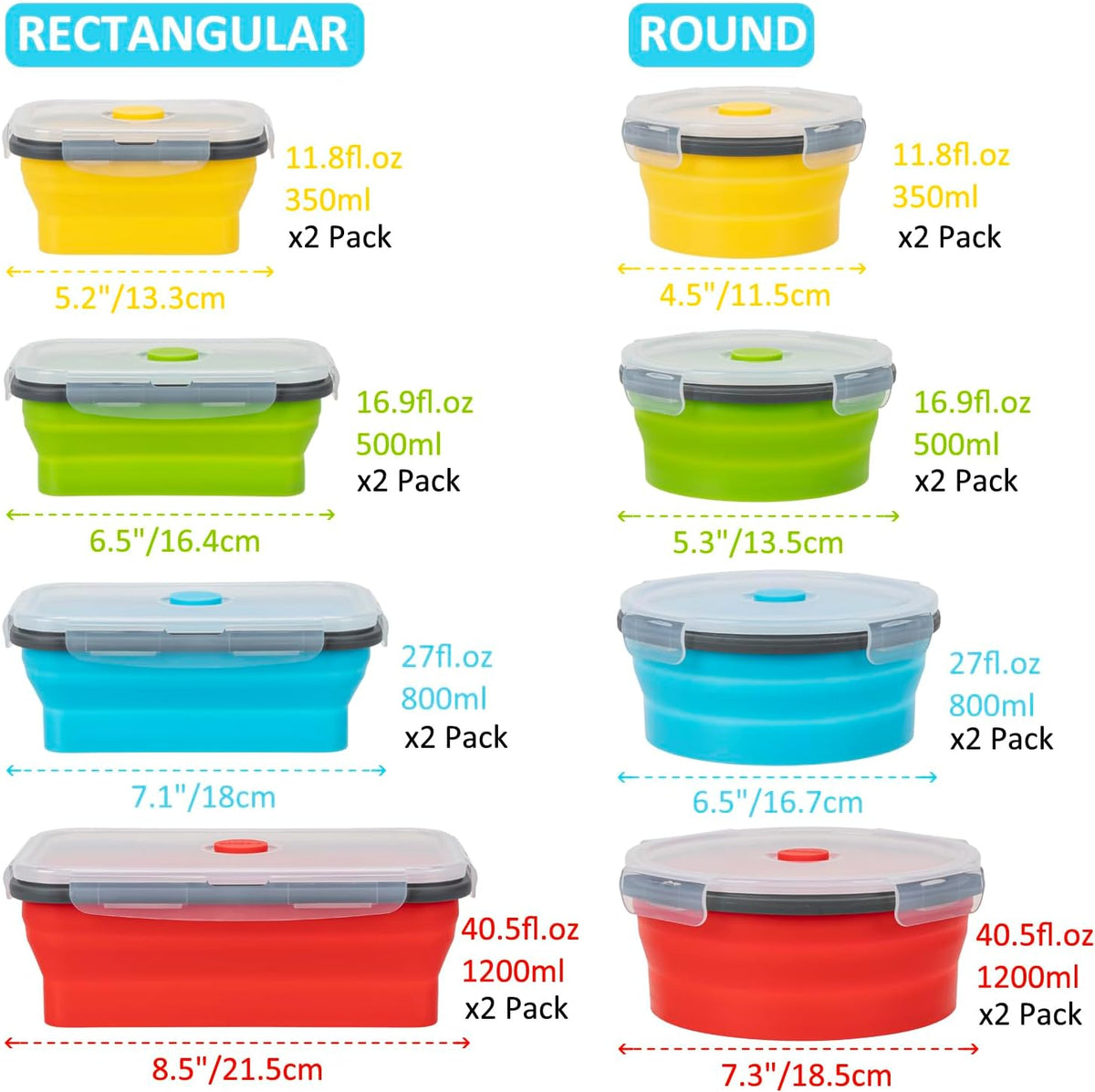Collapsible Food Storage Containers with Lid & Air Vent, 16 Pack, 8 Rectangular + 8 Round, Foldable Silicone Lunch Containers Collapsible Bowls Set, Microwave Freezer Dishwasher Safe, 4-Color