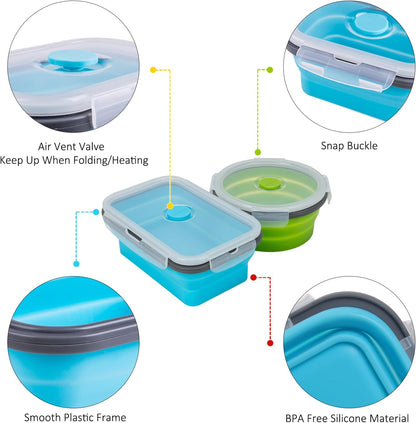 Collapsible Food Storage Containers with Lid & Air Vent, 16 Pack, 8 Rectangular + 8 Round, Foldable Silicone Lunch Containers Collapsible Bowls Set, Microwave Freezer Dishwasher Safe, 4-Color