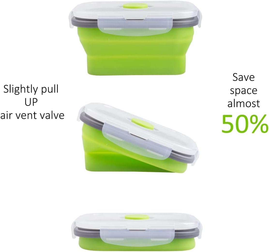 Collapsible Food Storage Containers with Lid & Air Vent, 16 Pack, 8 Rectangular + 8 Round, Foldable Silicone Lunch Containers Collapsible Bowls Set, Microwave Freezer Dishwasher Safe, 4-Color