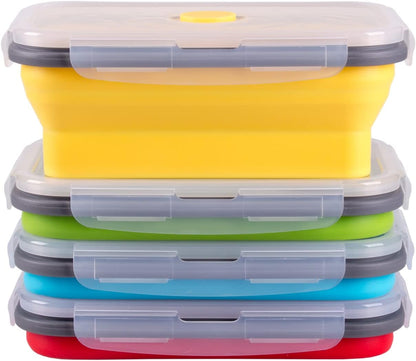 Collapsible Food Storage Containers with Lid & Air Vent, 16 Pack, 8 Rectangular + 8 Round, Foldable Silicone Lunch Containers Collapsible Bowls Set, Microwave Freezer Dishwasher Safe, 4-Color