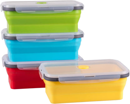 Collapsible Food Storage Containers with Lid & Air Vent, 16 Pack, 8 Rectangular + 8 Round, Foldable Silicone Lunch Containers Collapsible Bowls Set, Microwave Freezer Dishwasher Safe, 4-Color
