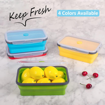 Collapsible Food Storage Containers with Lid & Air Vent, 16 Pack, 8 Rectangular + 8 Round, Foldable Silicone Lunch Containers Collapsible Bowls Set, Microwave Freezer Dishwasher Safe, 4-Color