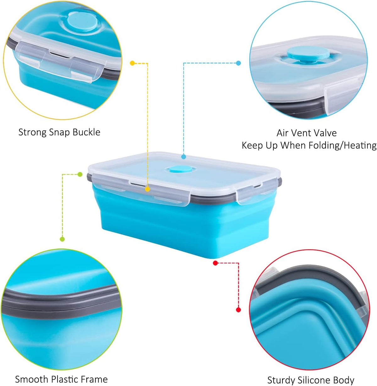 Collapsible Food Storage Containers with Lid & Air Vent, 16 Pack, 8 Rectangular + 8 Round, Foldable Silicone Lunch Containers Collapsible Bowls Set, Microwave Freezer Dishwasher Safe, 4-Color