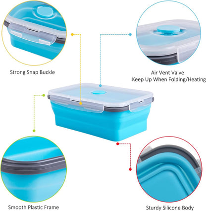 Collapsible Food Storage Containers with Lid & Air Vent, 16 Pack, 8 Rectangular + 8 Round, Foldable Silicone Lunch Containers Collapsible Bowls Set, Microwave Freezer Dishwasher Safe, 4-Color