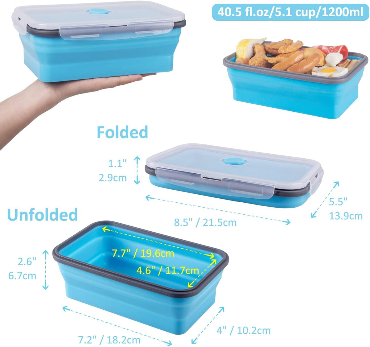 Collapsible Food Storage Containers with Lid & Air Vent, 16 Pack, 8 Rectangular + 8 Round, Foldable Silicone Lunch Containers Collapsible Bowls Set, Microwave Freezer Dishwasher Safe, 4-Color