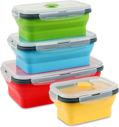 Collapsible Food Storage Containers with Lid & Air Vent, 16 Pack, 8 Rectangular + 8 Round, Foldable Silicone Lunch Containers Collapsible Bowls Set, Microwave Freezer Dishwasher Safe, 4-Color