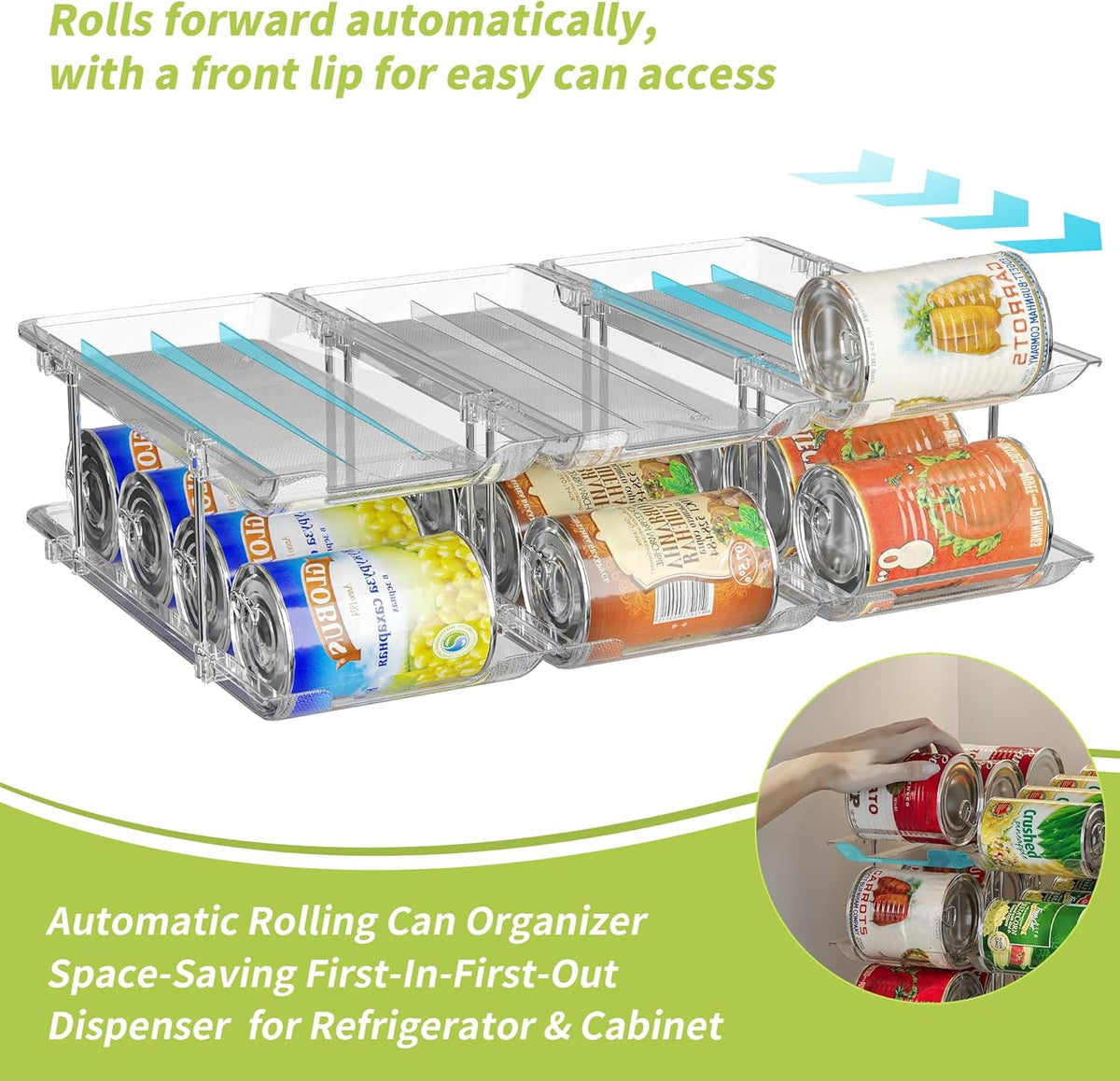 Can Organizer for Pantry, Stackable Food Pantry Storage Rack, 3 Tier | Automatic Rolling, Modular Storage, Clear Acrylic, Holds 36 Cans for Pantry, Cabinet & Fridge, Space Saving, Easy to Refill