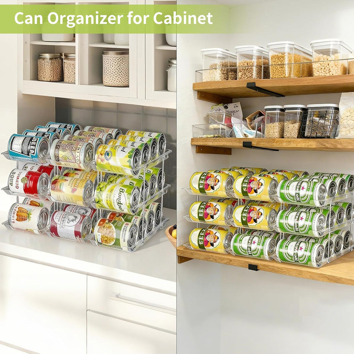 Can Organizer for Pantry, Stackable Food Pantry Storage Rack, 3 Tier | Automatic Rolling, Modular Storage, Clear Acrylic, Holds 36 Cans for Pantry, Cabinet & Fridge, Space Saving, Easy to Refill