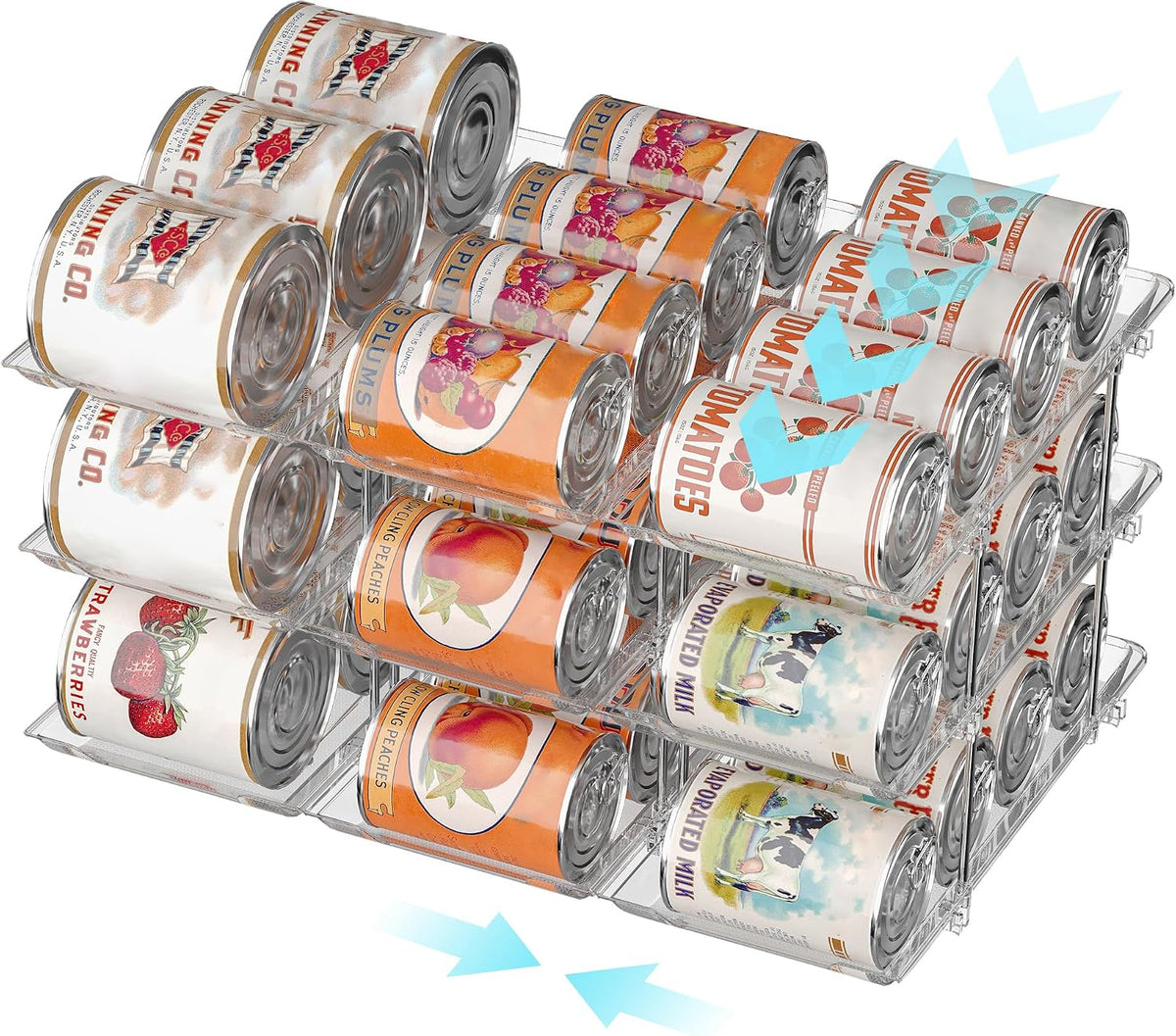 Can Organizer for Pantry, Stackable Food Pantry Storage Rack, 3 Tier | Automatic Rolling, Modular Storage, Clear Acrylic, Holds 36 Cans for Pantry, Cabinet & Fridge, Space Saving, Easy to Refill