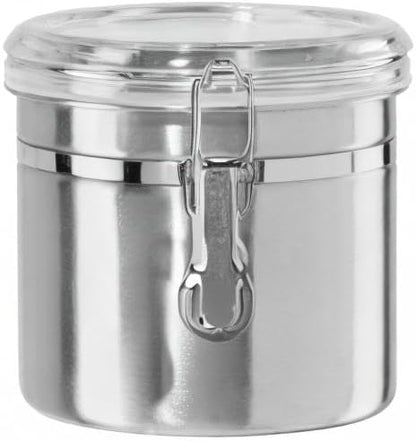 Oggi Stainless Steel Kitchen Canister 152 fl oz - Airtight Clamp Lid, Clear See-Thru Top - Ideal for Kitchen Storage, Food Storage, Pantry Storage. Jumbo Size 8" x 8".