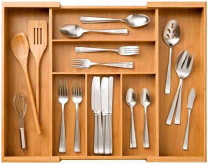 Seville Classics Bamboo Premium Organizer Storage Bins for Kitchen Silverware, Pantry, Closet, Office Desk, Pens, Utensils, Makeup, K Cup, Bamboo, Bag Holder Bin Set