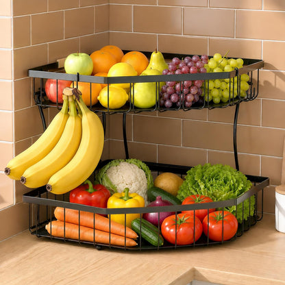 2 Tier Fruit Basket for Kitchen Counter with 2 Banana Hangers for Corner