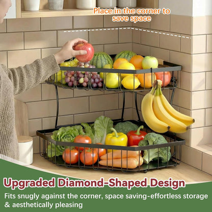 2 Tier Fruit Basket for Kitchen Counter with 2 Banana Hangers for Corner