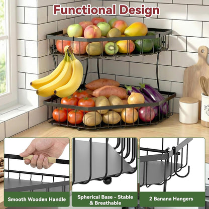2 Tier Fruit Basket for Kitchen Counter with 2 Banana Hangers for Corner