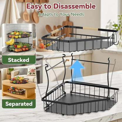 2 Tier Fruit Basket for Kitchen Counter with 2 Banana Hangers for Corner