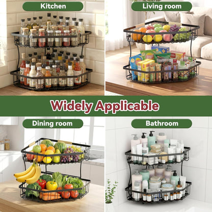 2 Tier Fruit Basket for Kitchen Counter with 2 Banana Hangers for Corner
