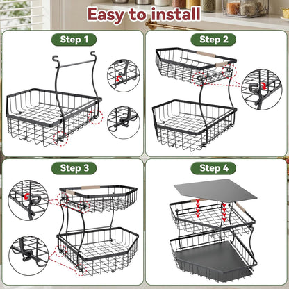 2 Tier Fruit Basket for Kitchen Counter with 2 Banana Hangers for Corner