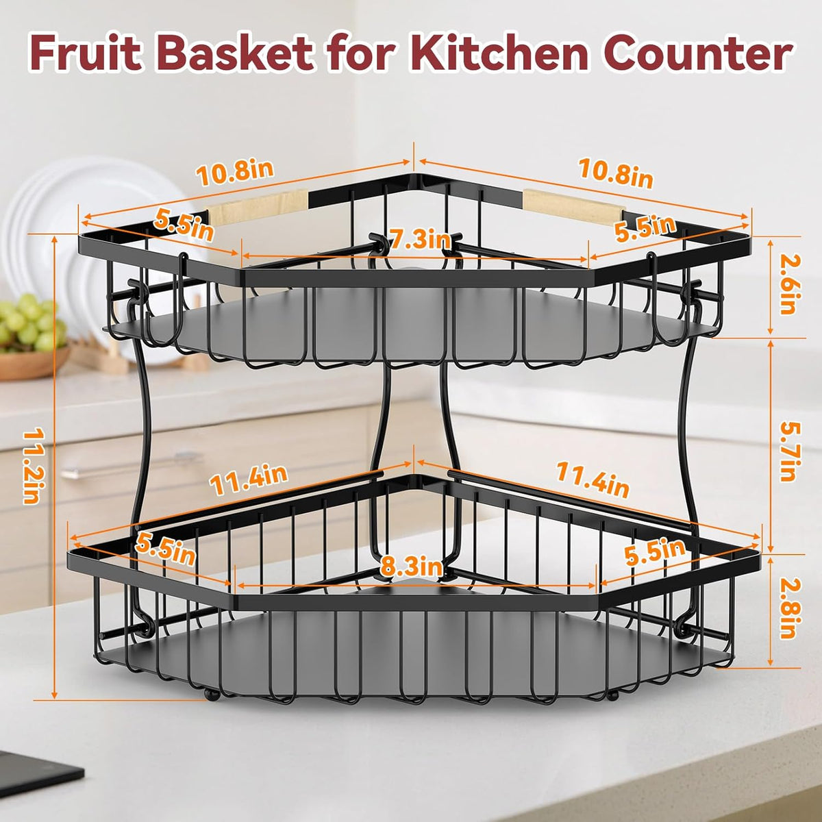 2 Tier Fruit Basket for Kitchen Counter with 2 Banana Hangers for Corner