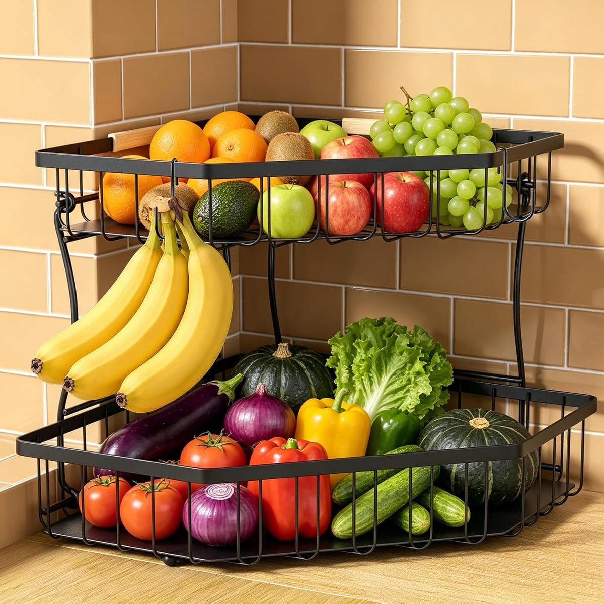 2 Tier Fruit Basket for Kitchen Counter with 2 Banana Hangers for Corner