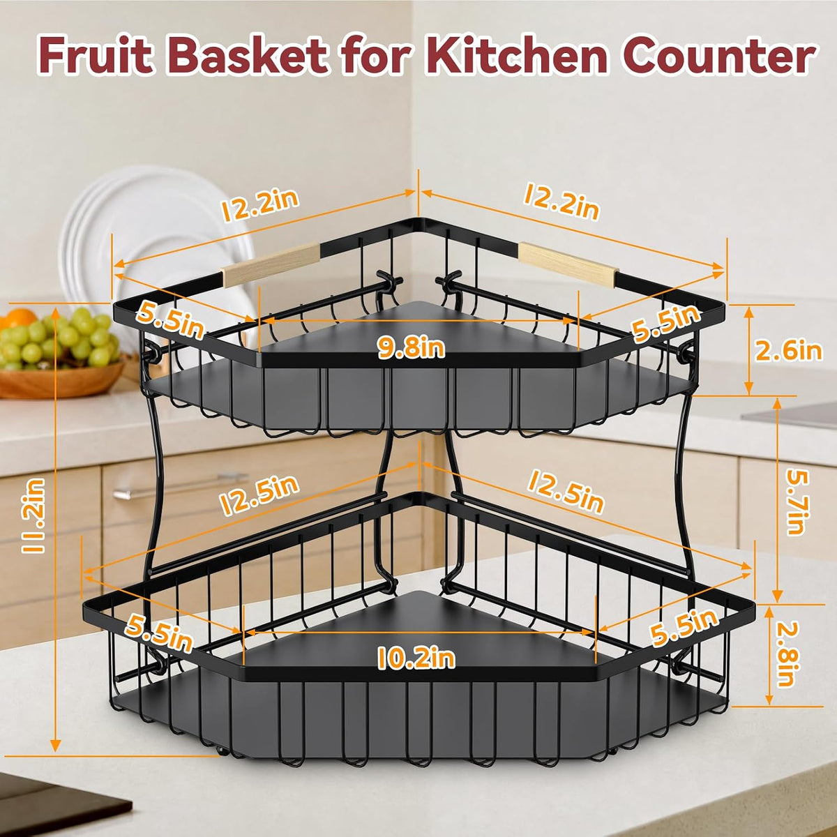 2 Tier Fruit Basket for Kitchen Counter with 2 Banana Hangers for Corner