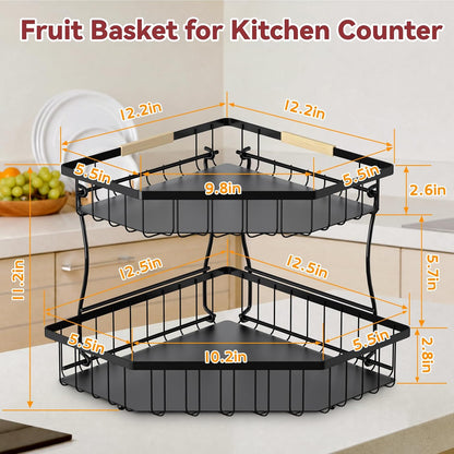 2 Tier Fruit Basket for Kitchen Counter with 2 Banana Hangers for Corner