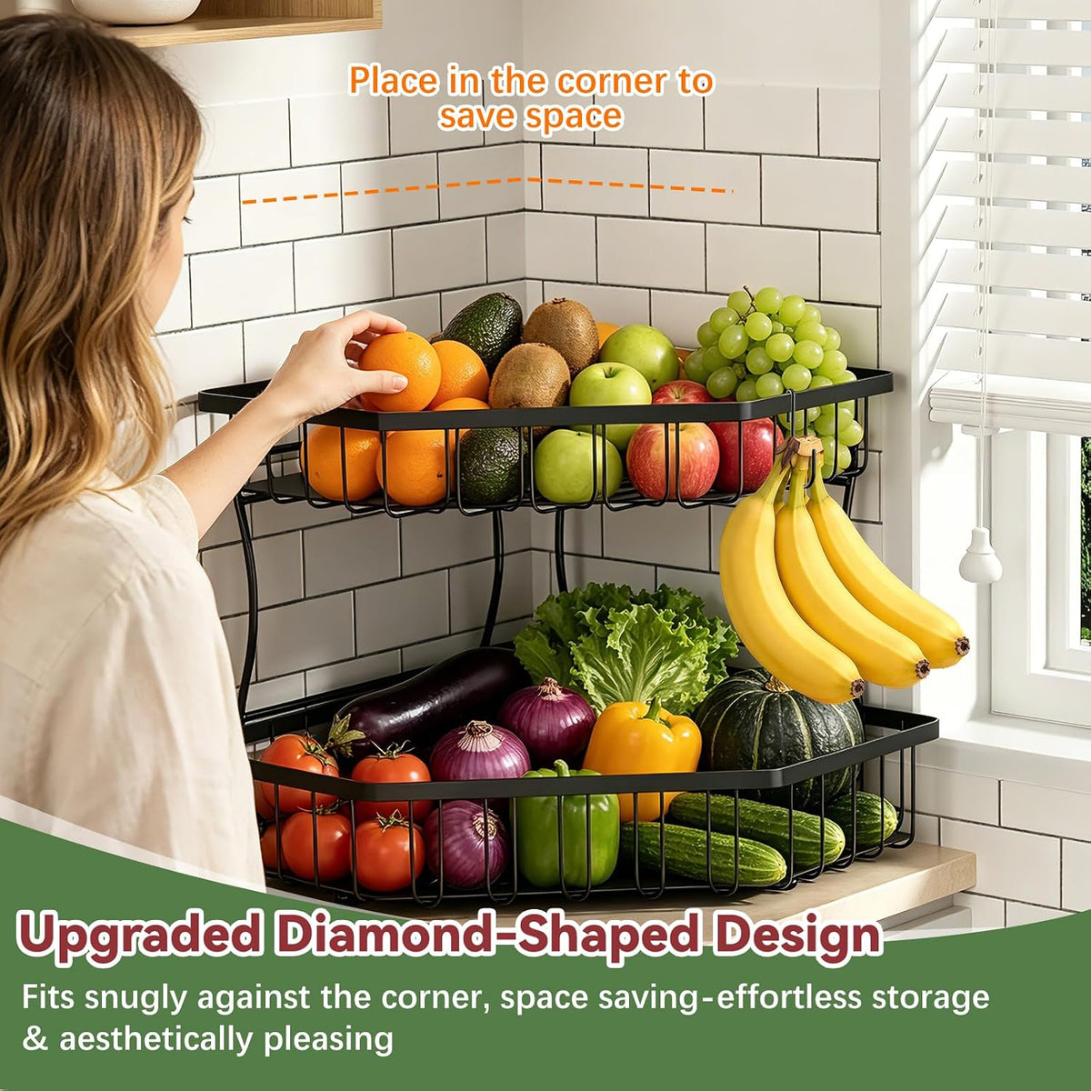 2 Tier Fruit Basket for Kitchen Counter with 2 Banana Hangers for Corner
