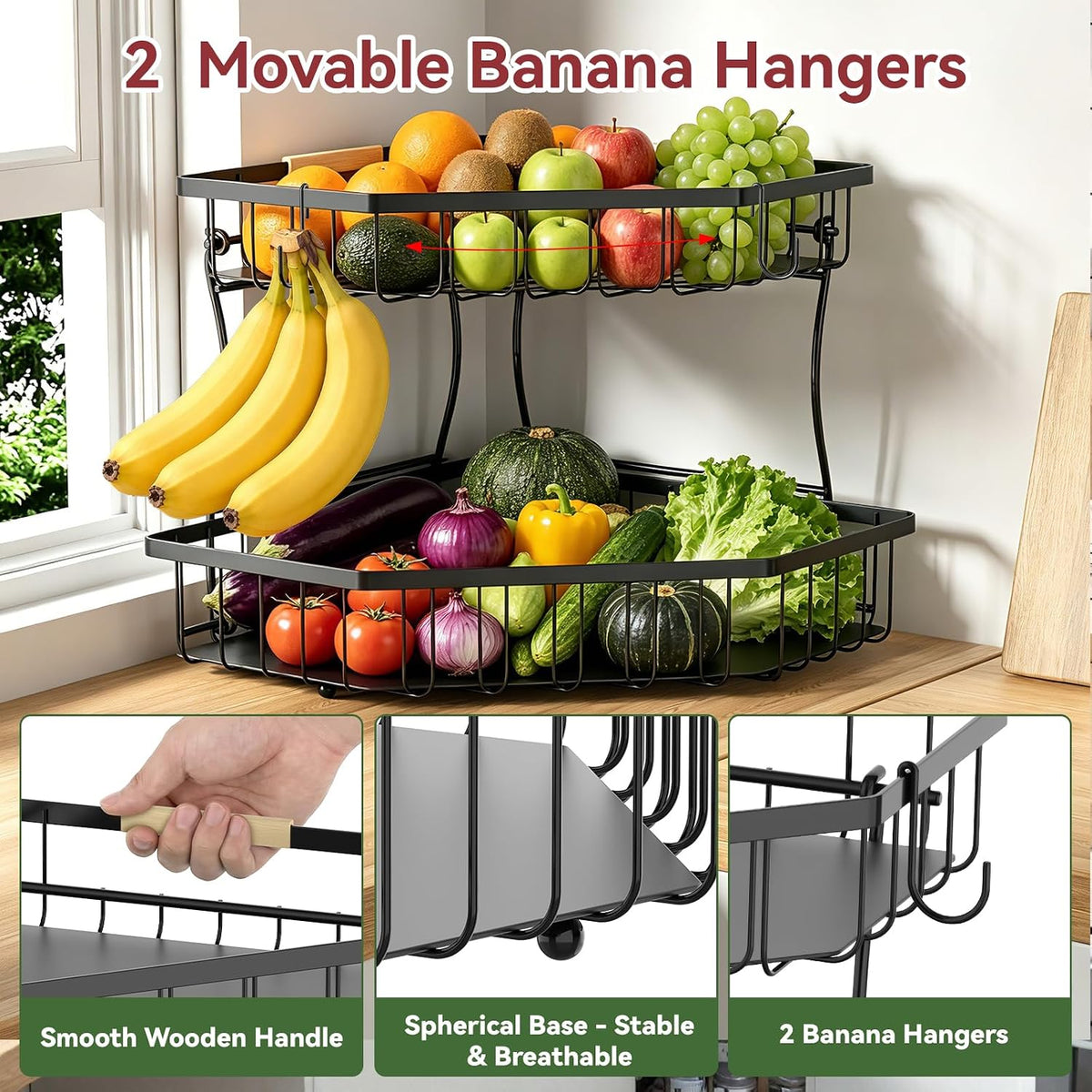 2 Tier Fruit Basket for Kitchen Counter with 2 Banana Hangers for Corner