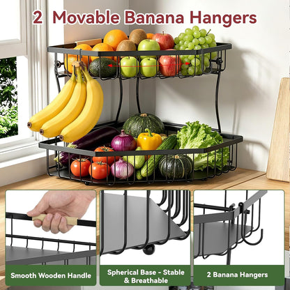 2 Tier Fruit Basket for Kitchen Counter with 2 Banana Hangers for Corner