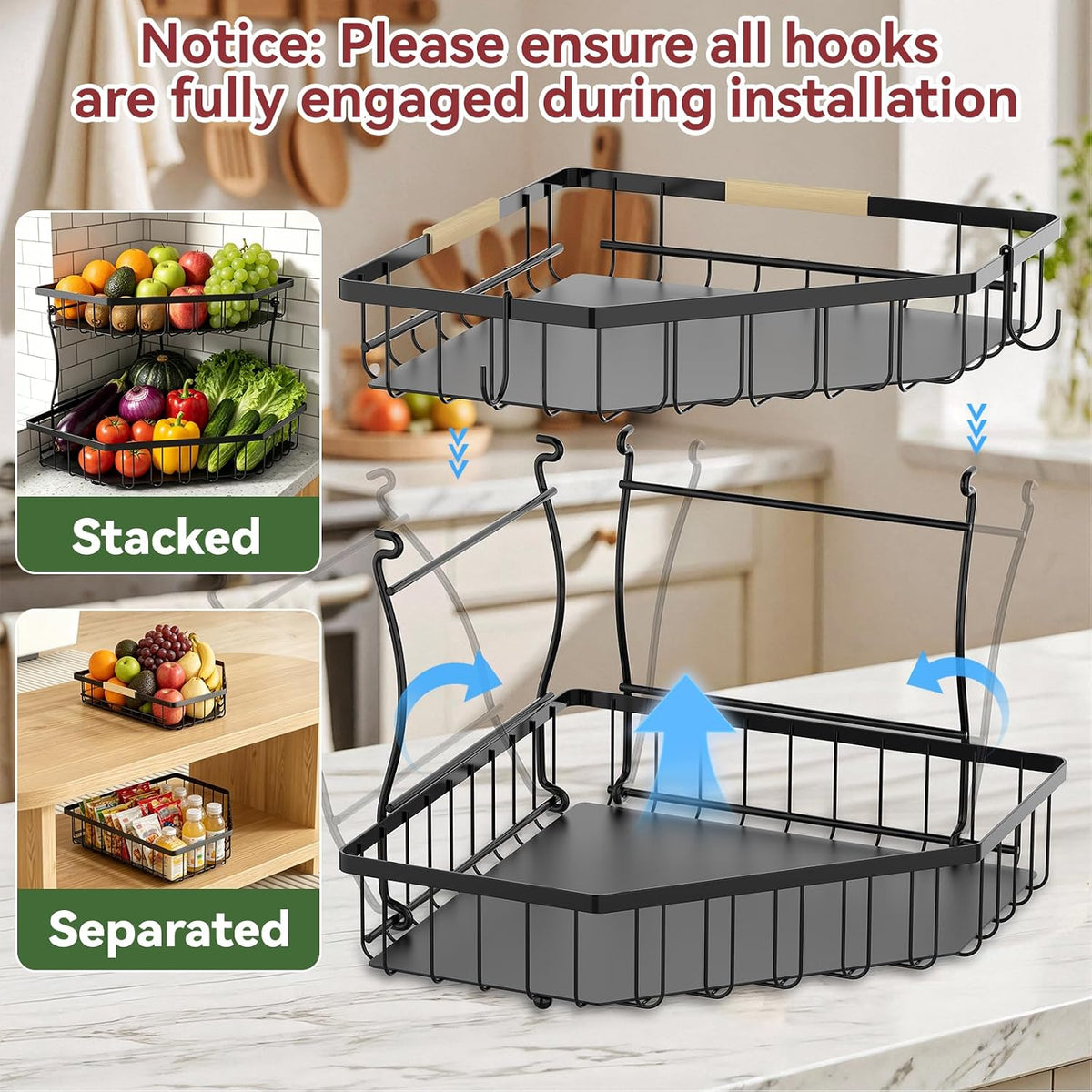 2 Tier Fruit Basket for Kitchen Counter with 2 Banana Hangers for Corner