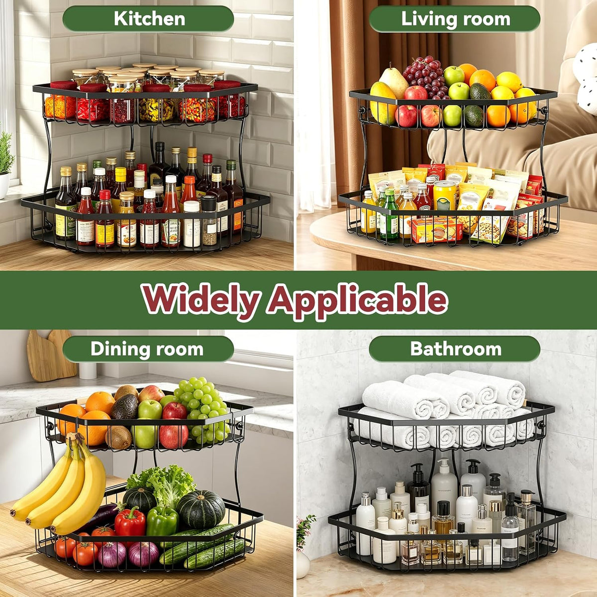 2 Tier Fruit Basket for Kitchen Counter with 2 Banana Hangers for Corner