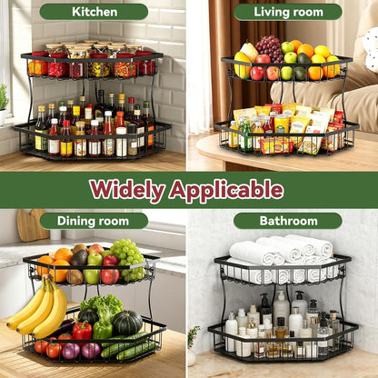 2 Tier Fruit Basket for Kitchen Counter with 2 Banana Hangers for Corner