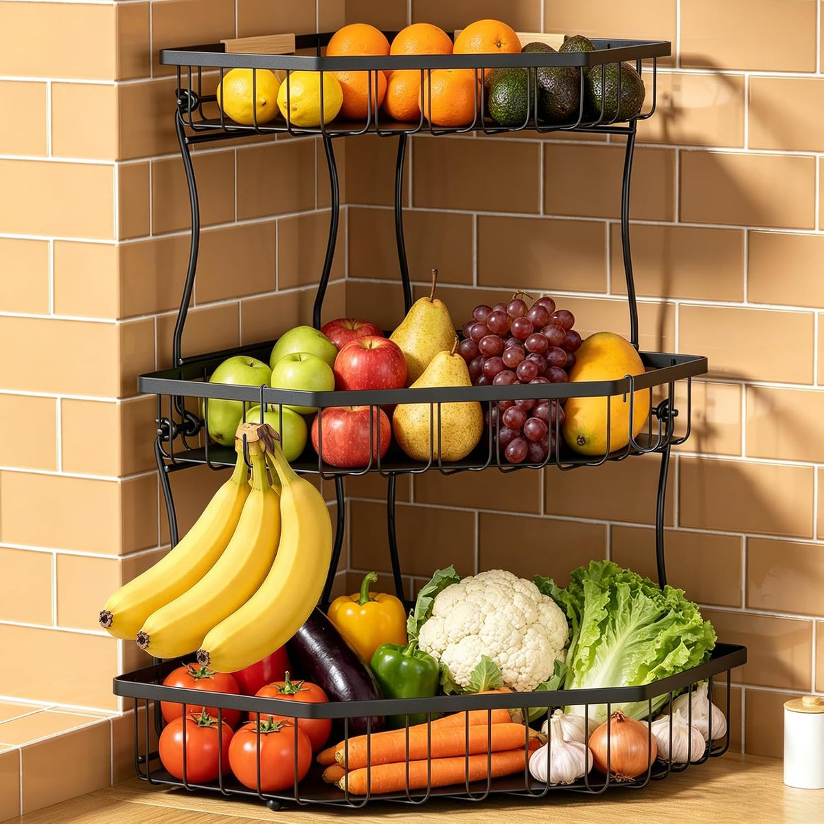2 Tier Fruit Basket for Kitchen Counter with 2 Banana Hangers for Corner
