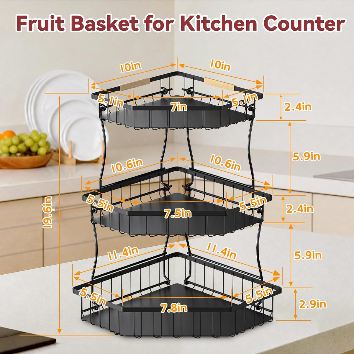 2 Tier Fruit Basket for Kitchen Counter with 2 Banana Hangers for Corner
