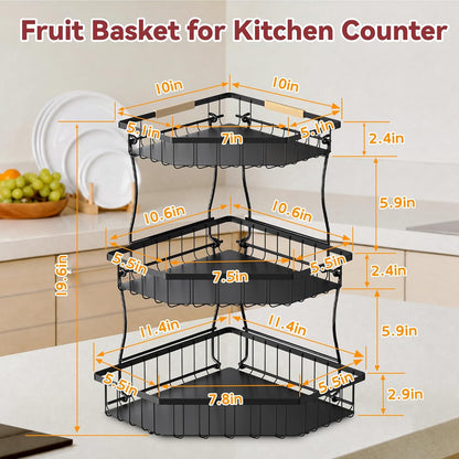 2 Tier Fruit Basket for Kitchen Counter with 2 Banana Hangers for Corner