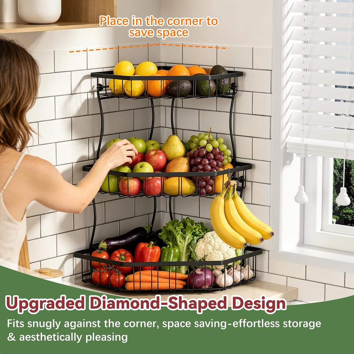 2 Tier Fruit Basket for Kitchen Counter with 2 Banana Hangers for Corner