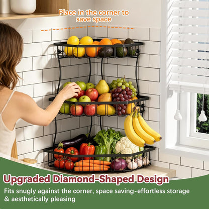 2 Tier Fruit Basket for Kitchen Counter with 2 Banana Hangers for Corner