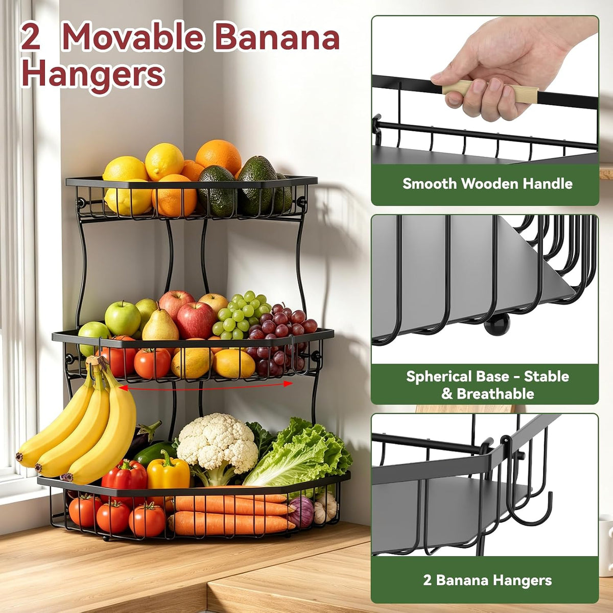 2 Tier Fruit Basket for Kitchen Counter with 2 Banana Hangers for Corner