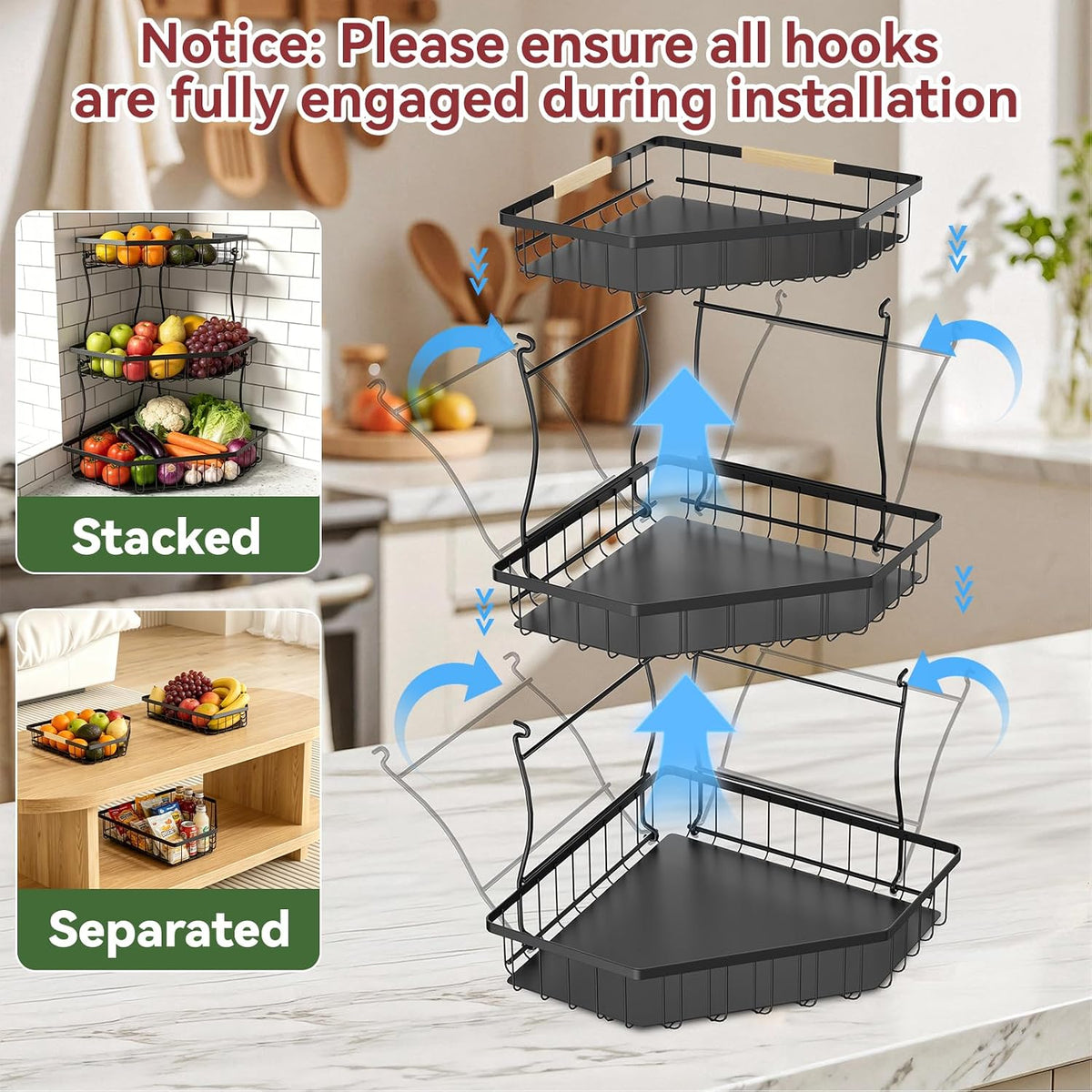 2 Tier Fruit Basket for Kitchen Counter with 2 Banana Hangers for Corner