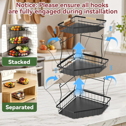 2 Tier Fruit Basket for Kitchen Counter with 2 Banana Hangers for Corner