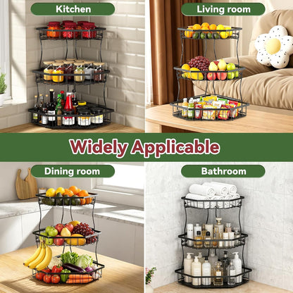 2 Tier Fruit Basket for Kitchen Counter with 2 Banana Hangers for Corner
